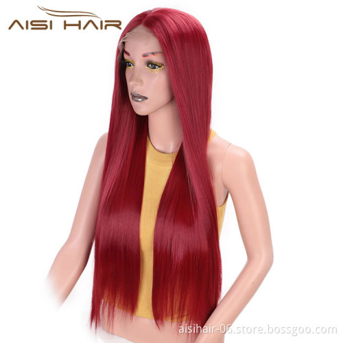 Aisi Hair High Temperature Fiber Synthetic Long Straight Wigs Wine Red Middle Part Lace Front Long Wigs For Black Women